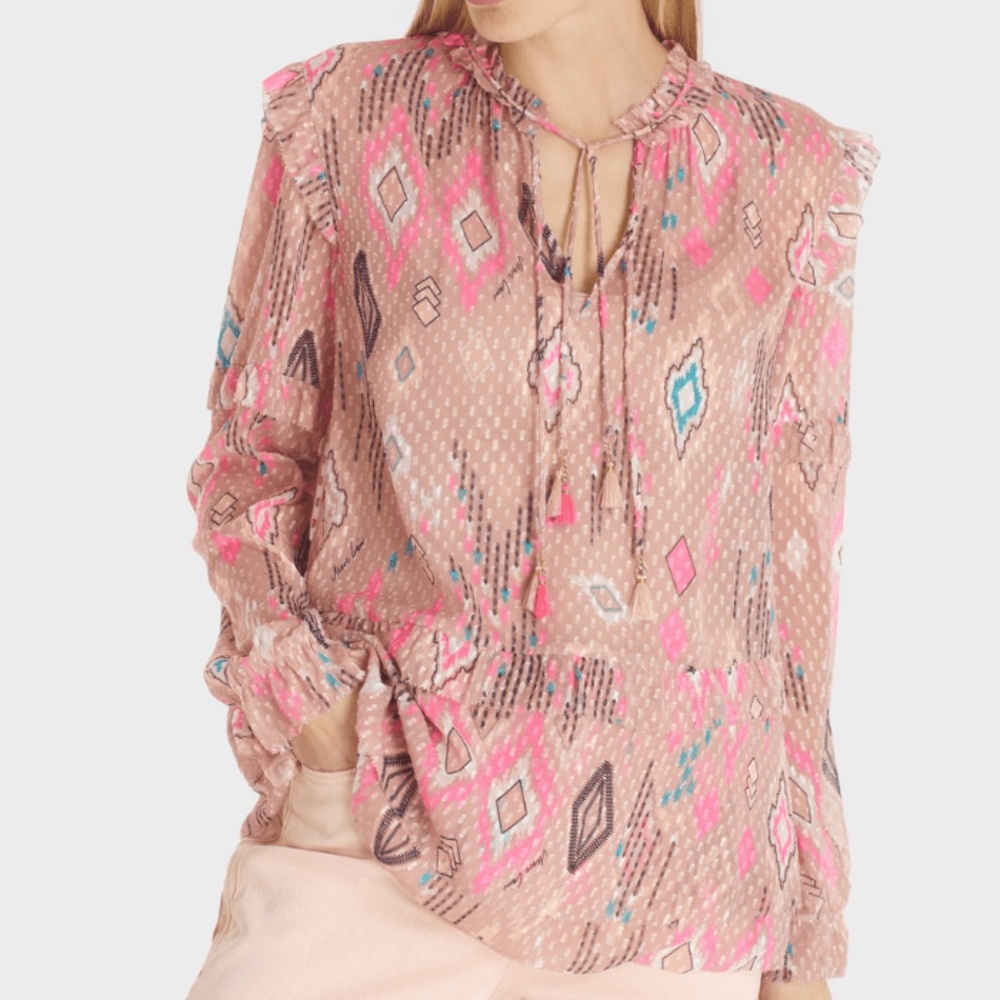$400 NEW Marc Cain N5 Boho Long Sleeve Print Blouse Light Shirt Top Taupe Large
